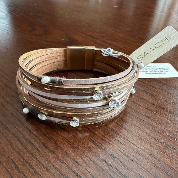 Saaachi Stacked Leather bracelet with Rhinestone & Pearl Accents - Picture 1 of 6